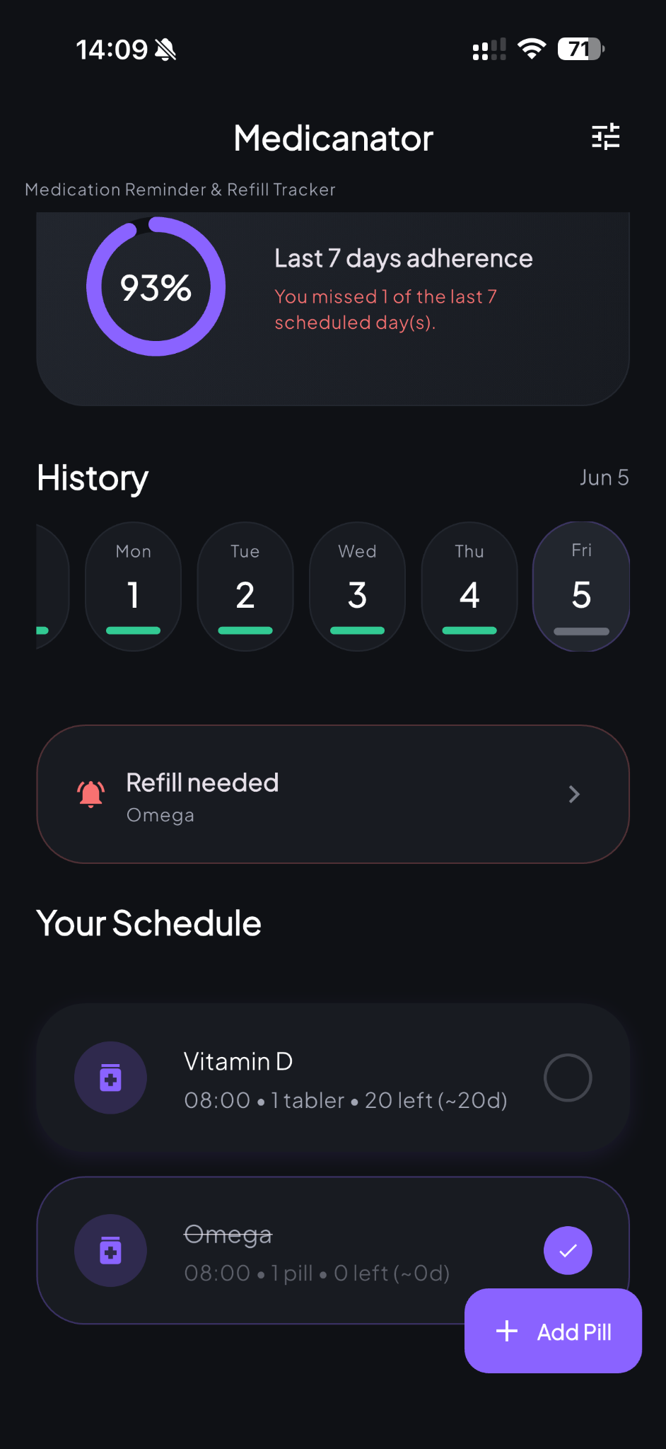 Medicanator mobile app interface screenshot