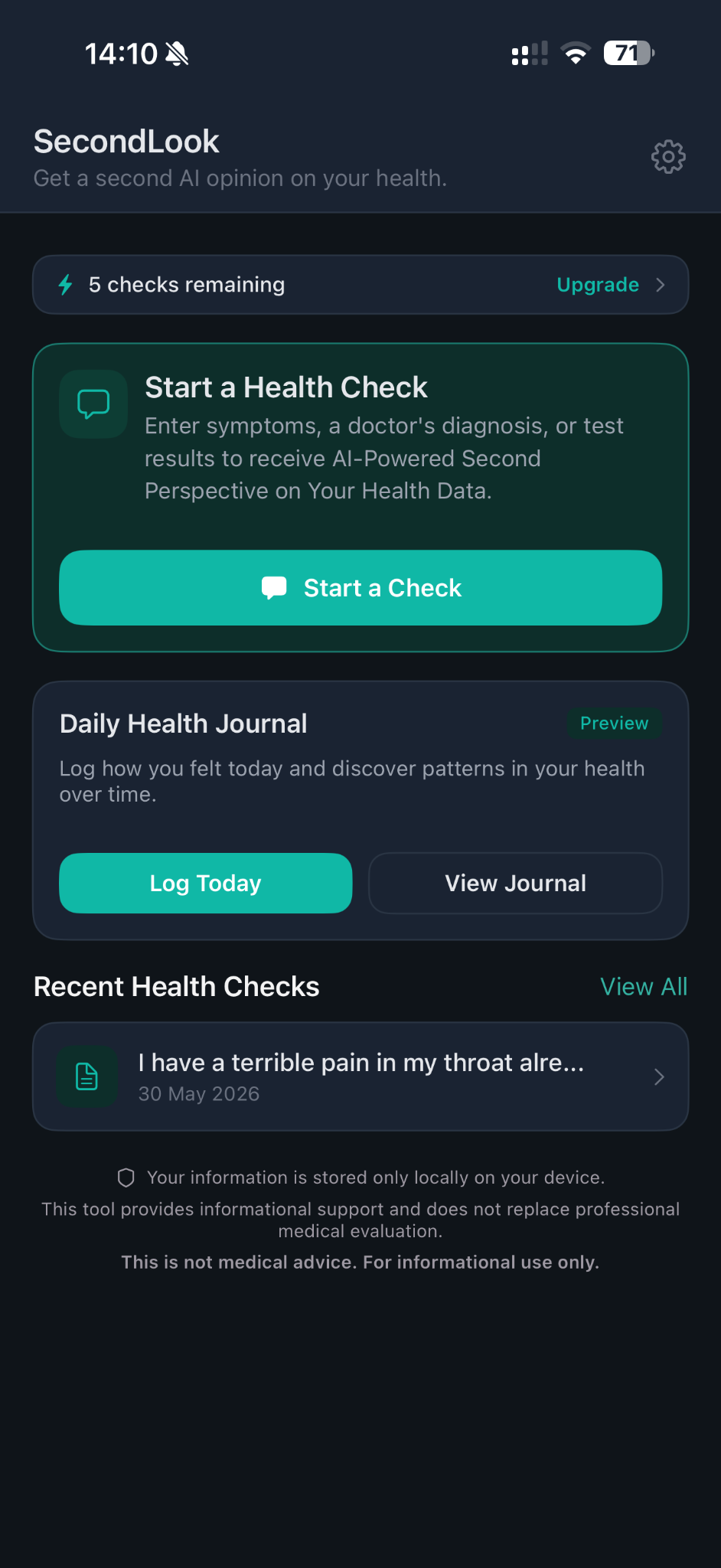 SecondLook Health mobile app interface screenshot